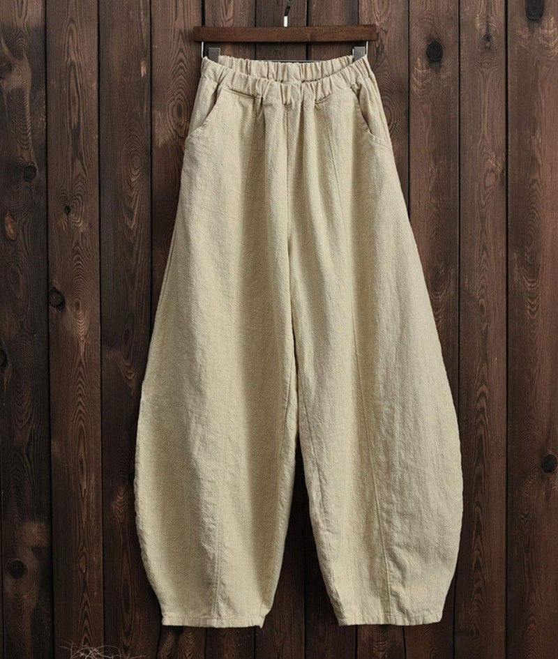 IXIMO Women's Casual Cotton Linen Baggy Pants with Elastic Waist Relax Fit Lantern Trousers Beige M - Image 5